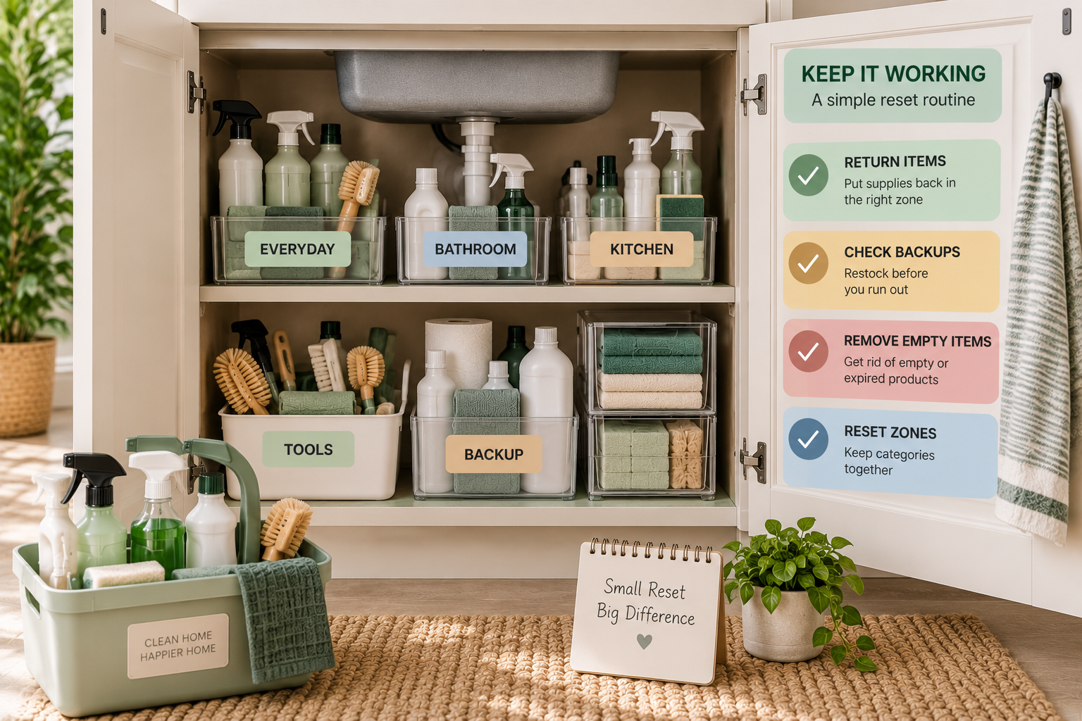 Maintaining an organized cleaning supply storage system with clear zones