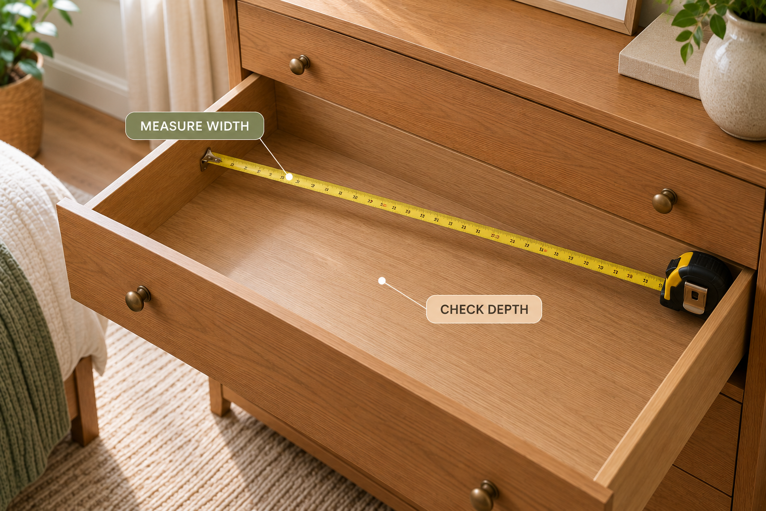 Measuring the interior width of an empty bedroom drawer before choosing an organizer