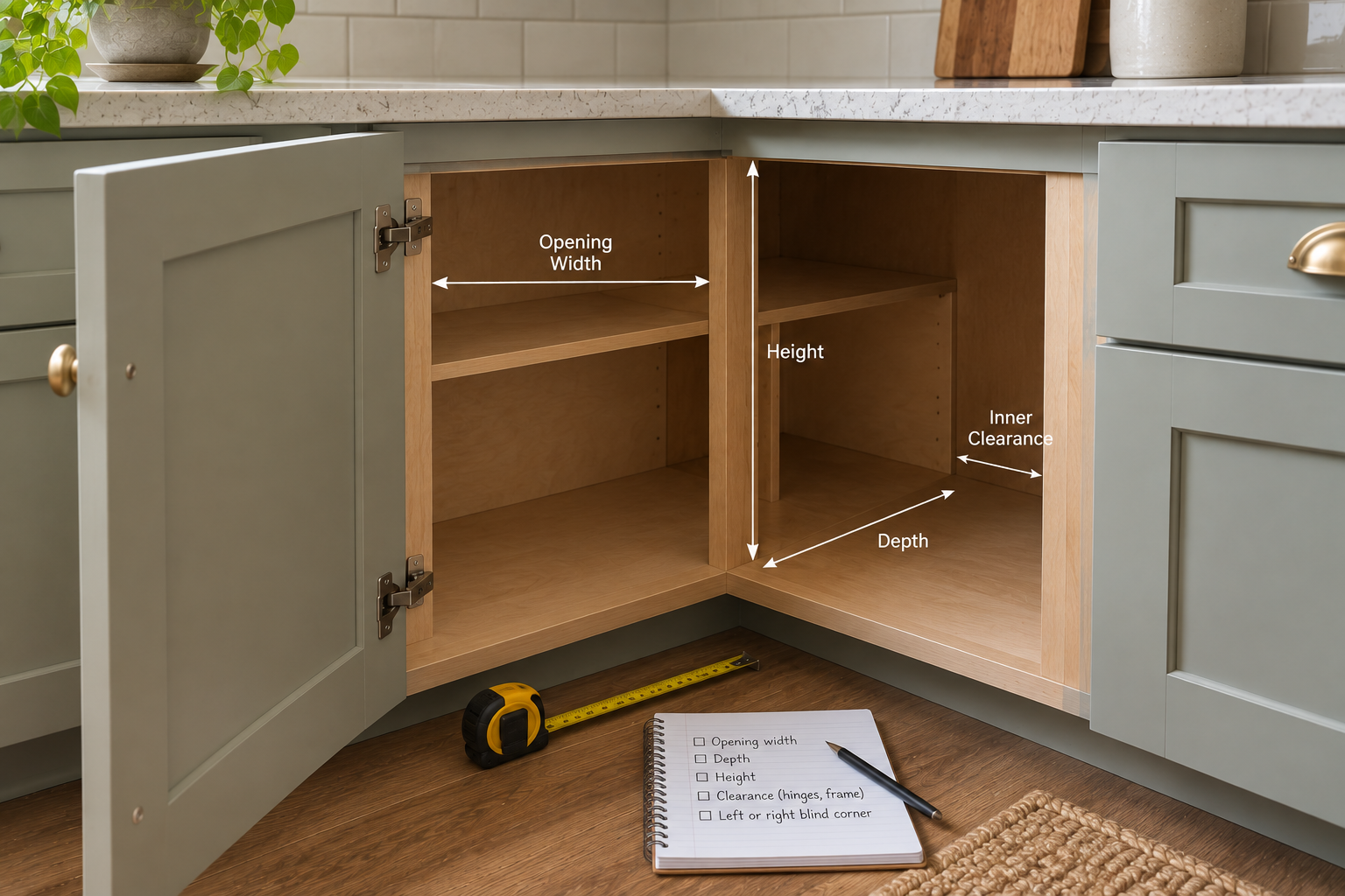 Blind corner kitchen cabinet measurement guide showing opening width, depth, height, and inner clearance