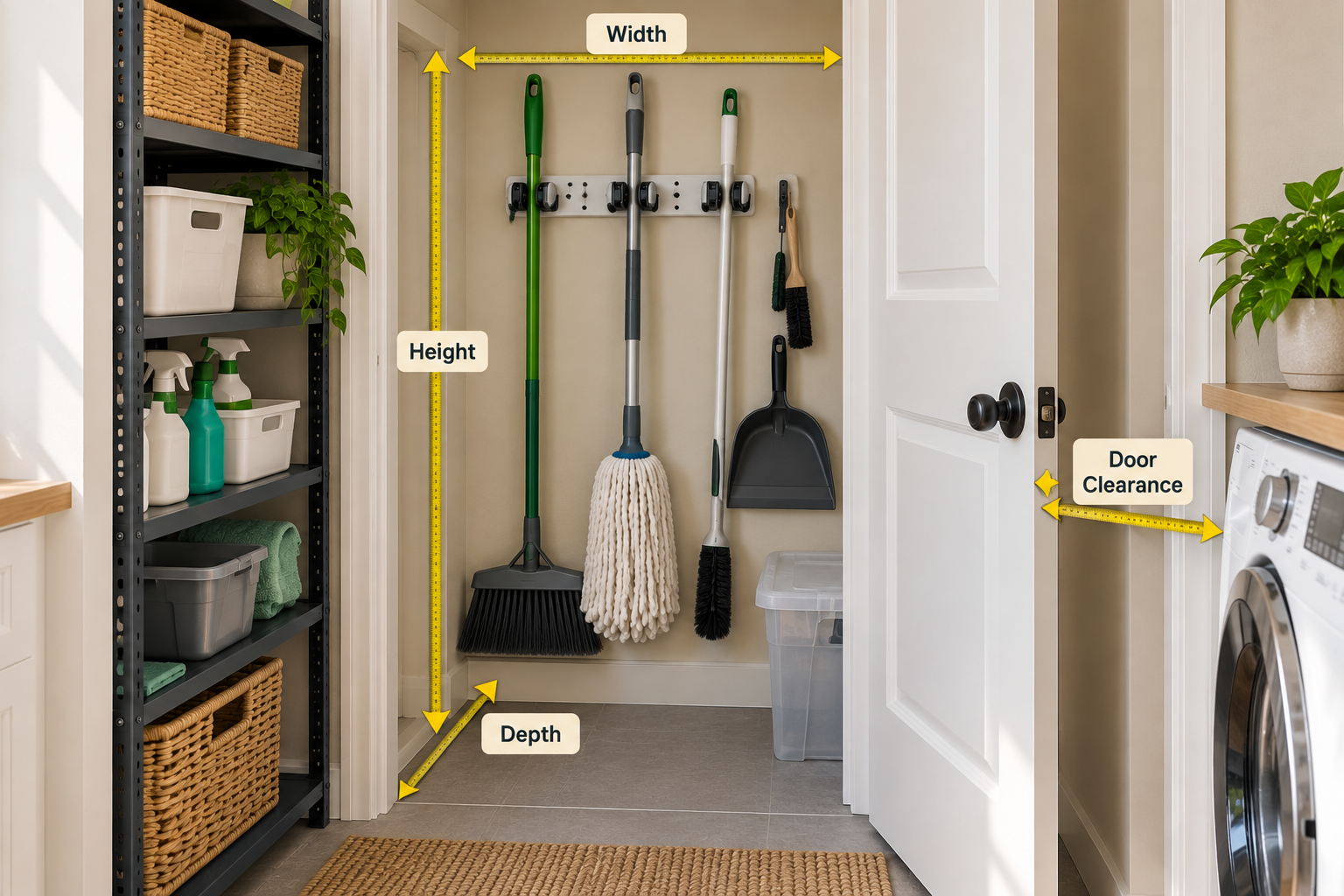 Measuring width, height, depth, and door clearance before installing broom and mop storage