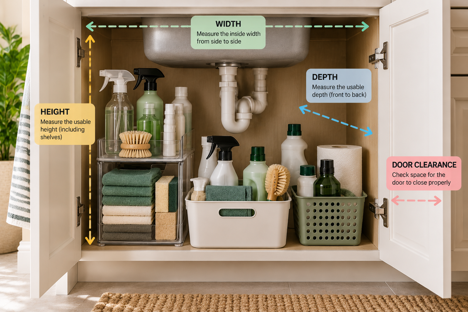 Measuring a small cleaning supply storage area before choosing an organizer