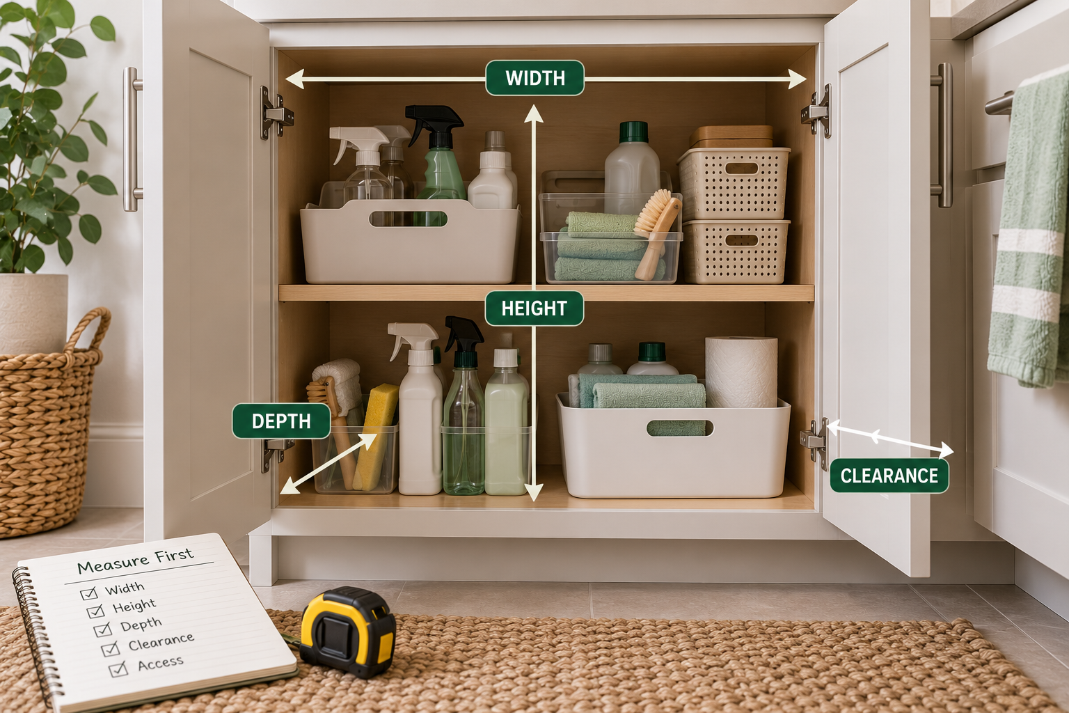 Measuring width, height, depth, and clearance before organizing cleaning supplies