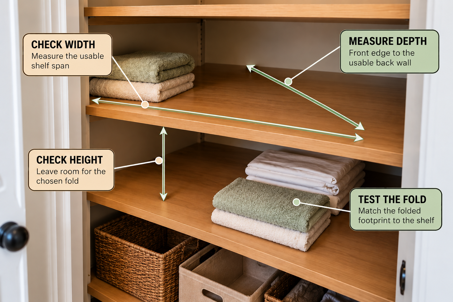 Measuring the usable depth height and width of deep linen closet shelves before choosing storage