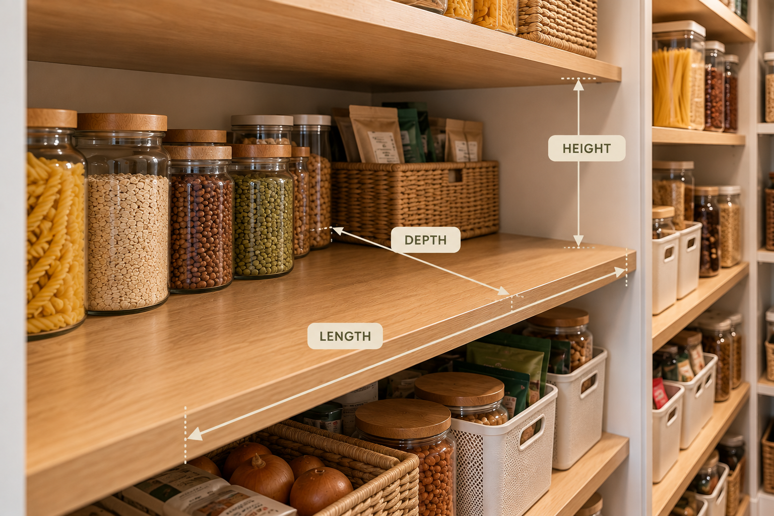 Measuring deep pantry shelf depth before choosing storage solutions