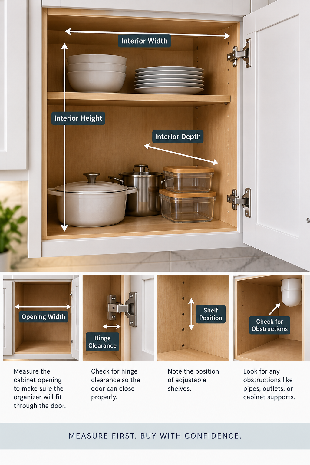 Kitchen cabinet showing how to measure interior width, height, depth, opening, hinge clearance, and shelf position