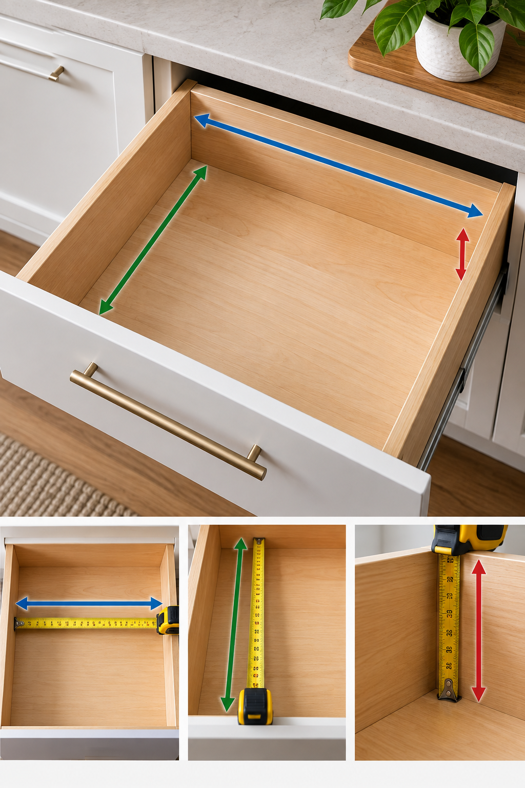 Kitchen drawer showing how to measure usable width, depth, and height before choosing an organizer