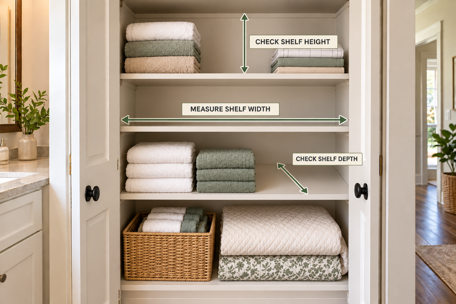 Linen closet shelves being measured for width, depth, and height before choosing organizers