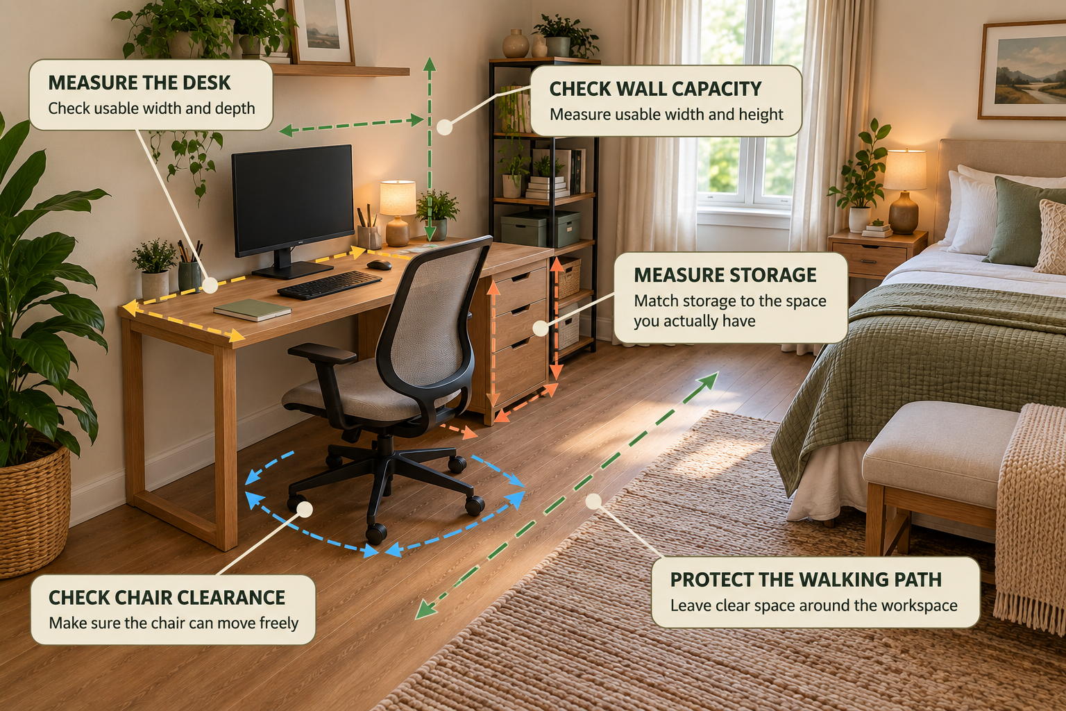 Measuring the desk footprint, walking clearance, wall space, and shared-room space before organizing a small home office