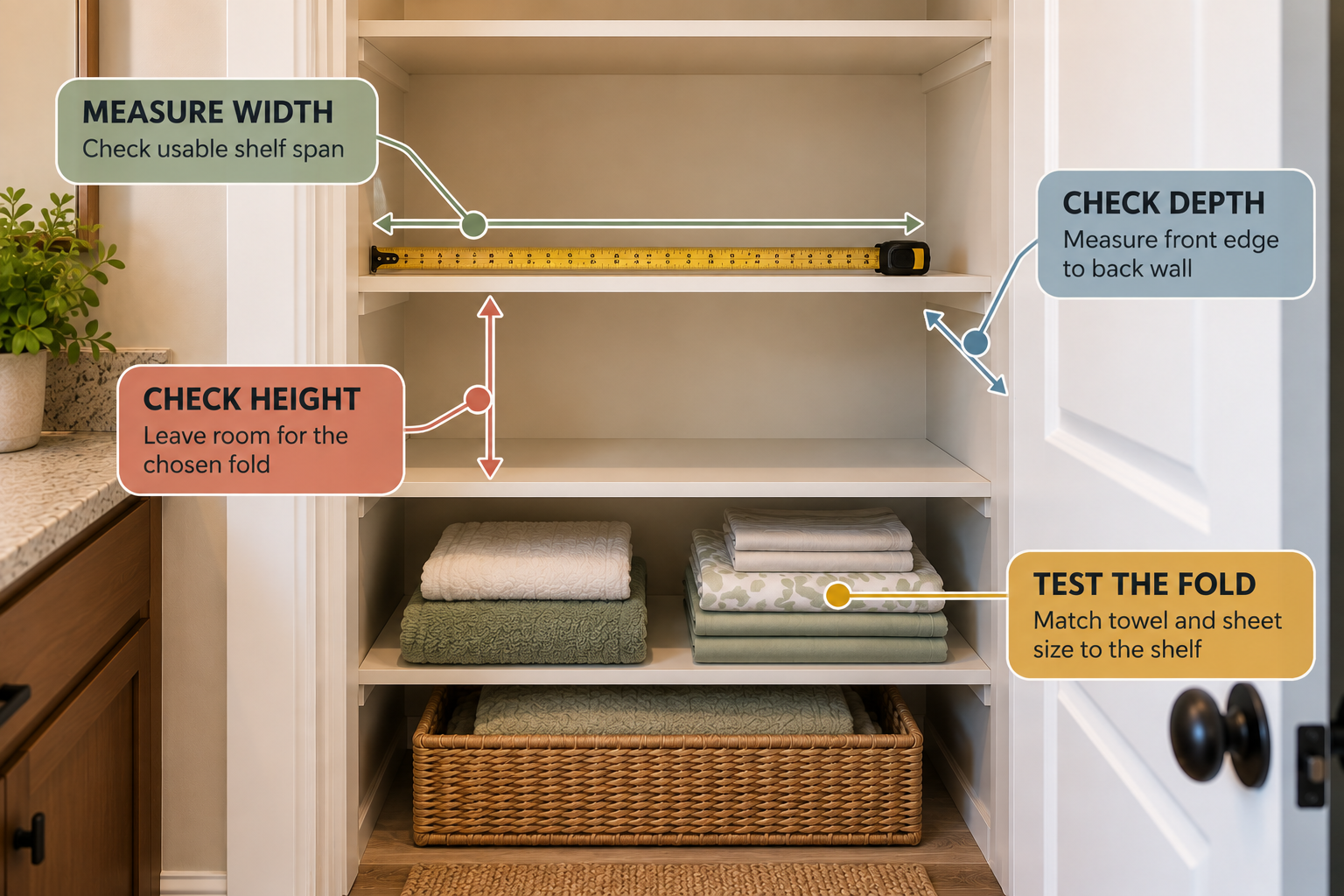 Measuring shelf width depth and height before organizing towels and sheets in a small closet