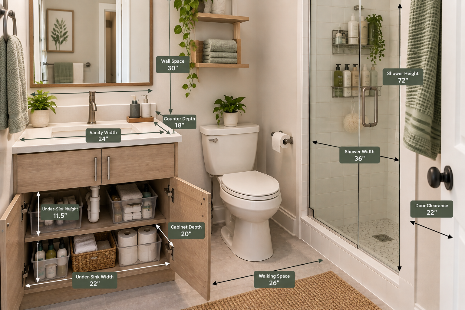 Small bathroom with measurements showing vanity dimensions, under-sink clearance, wall space, shower size, door clearance, and walking area.