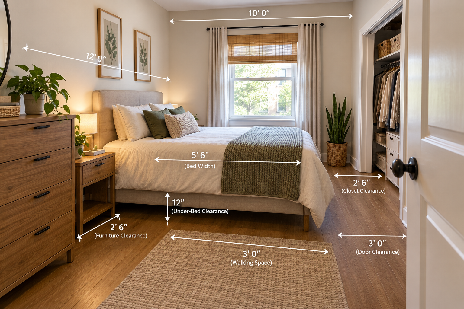 Small bedroom with measurements showing room dimensions, bed width, walking space, door clearance, closet clearance, furniture clearance, and under-bed space.