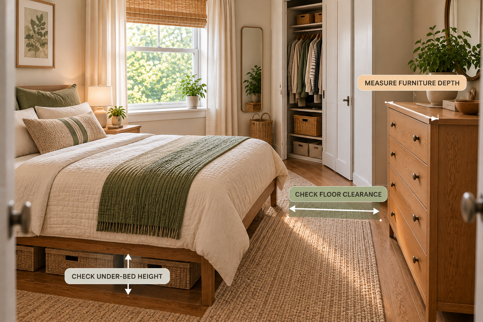 Measuring usable storage space around a small bedroom before adding furniture