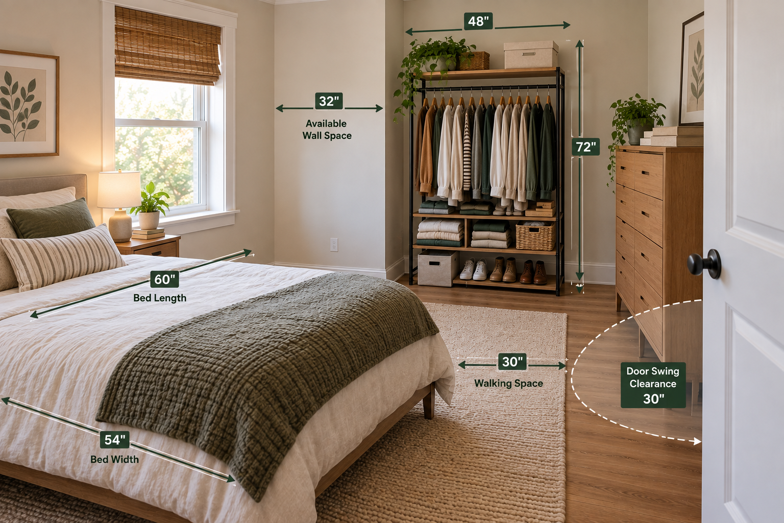 Small bedroom without a closet with measurements for bed size, storage footprint, wall space, walking clearance, and door swing.