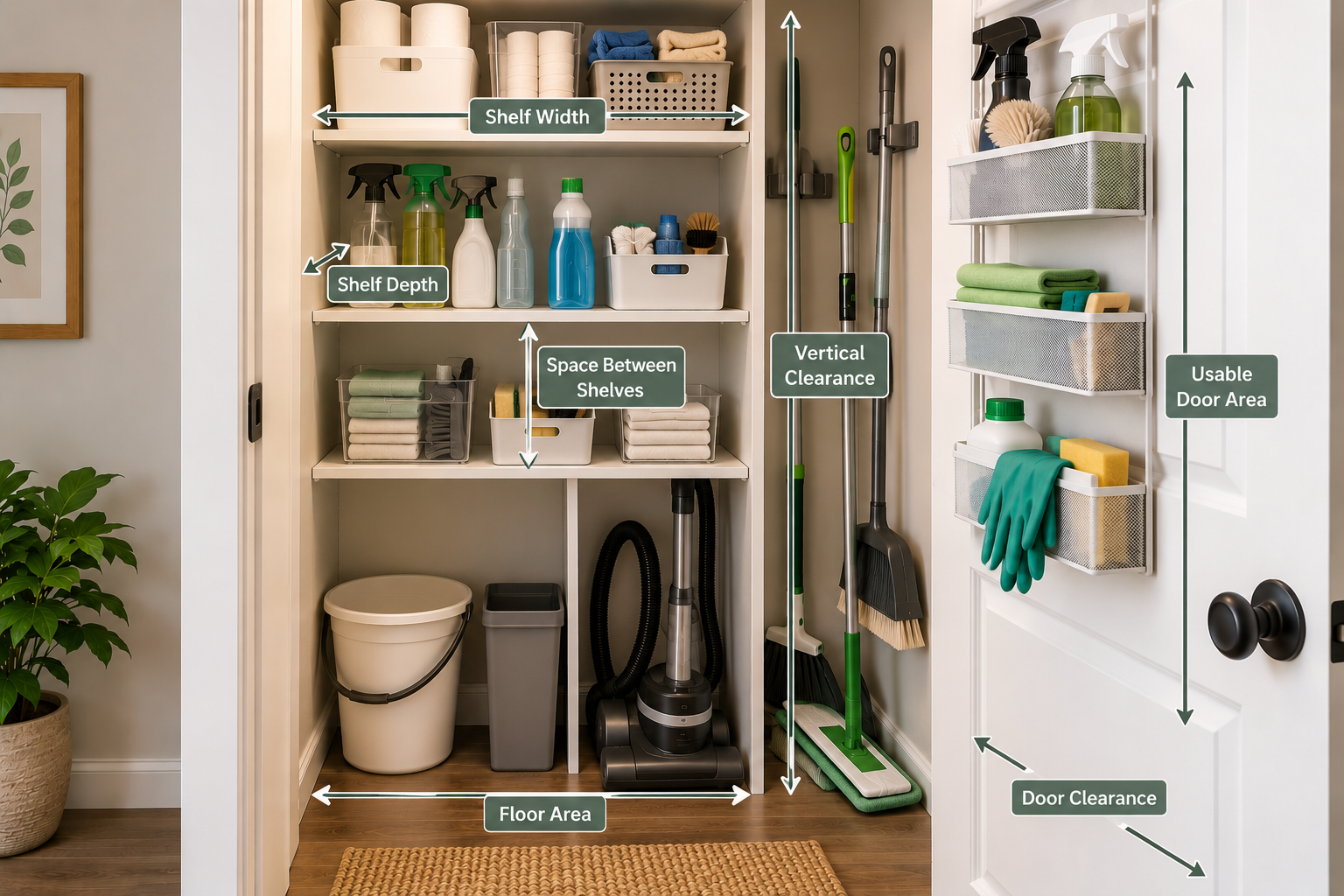 Small cleaning closet measurement showing shelf width depth vertical clearance door space and floor area