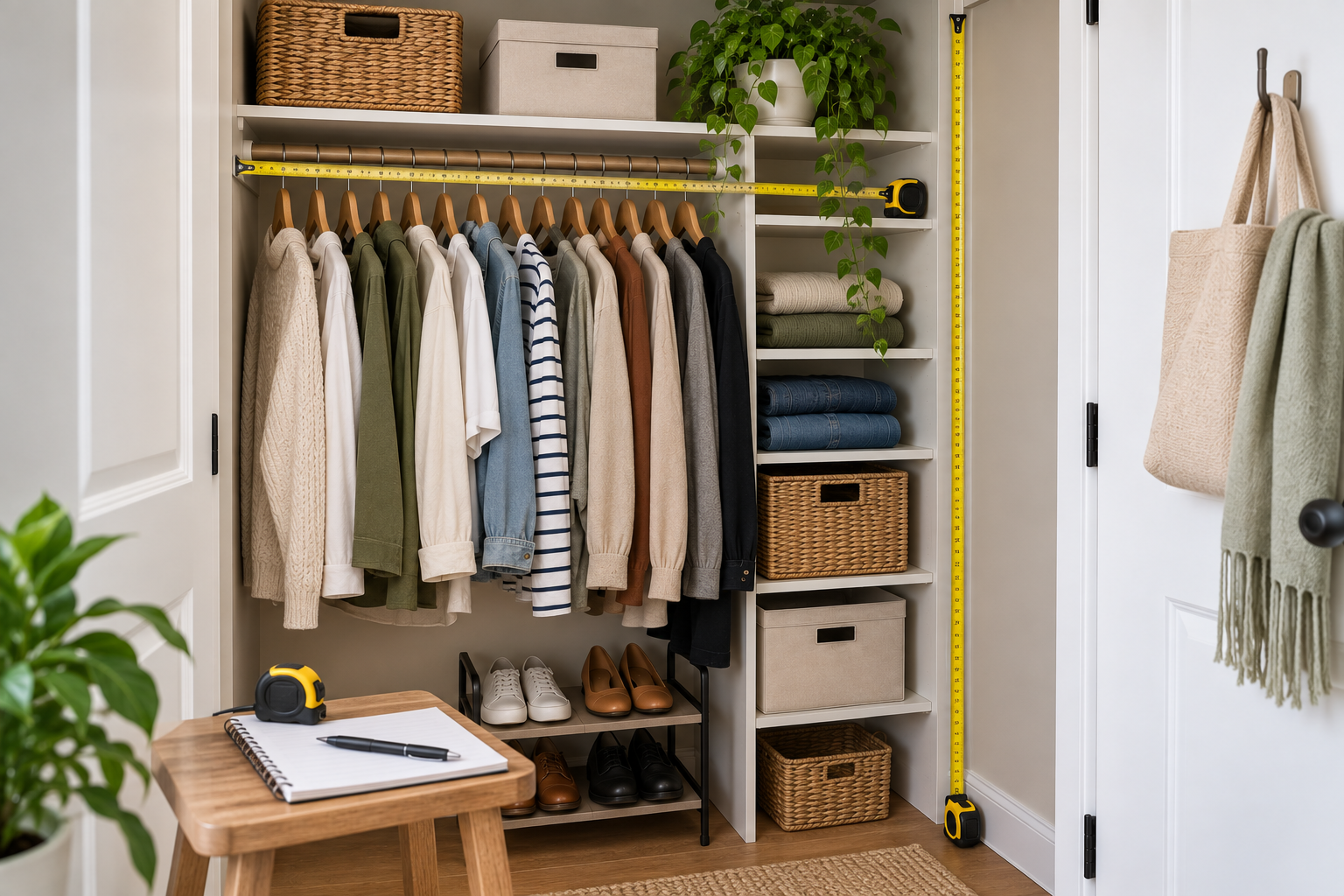 Measuring usable width, height, shelf depth, and floor space in a small closet