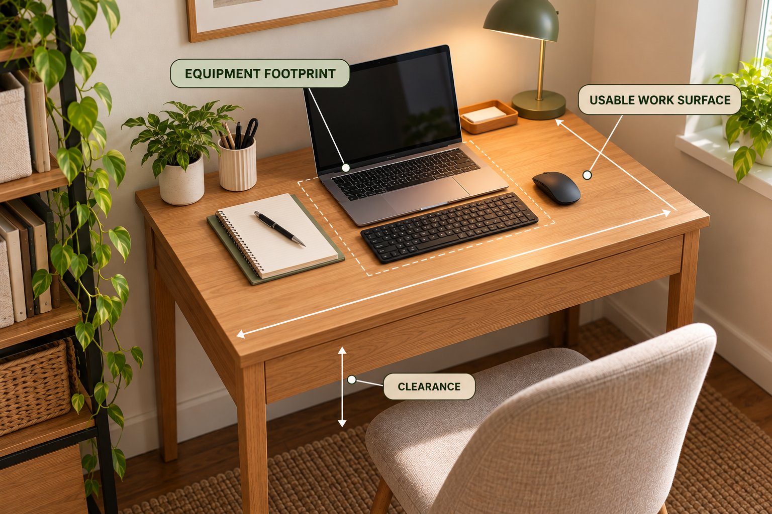 Small desk being measured to identify usable work surface, equipment footprint, desk depth, and clear working space