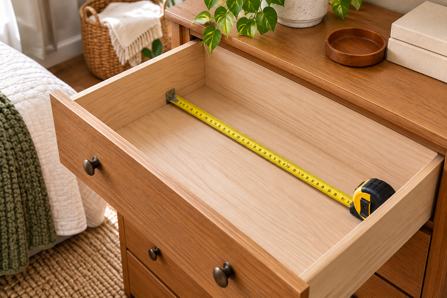 Measuring the inside dimensions of a small dresser drawer before choosing organizers
