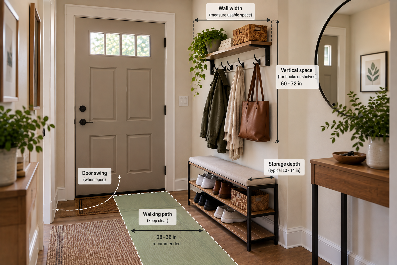 Small entryway measurement showing door swing walking path wall width vertical space and storage depth