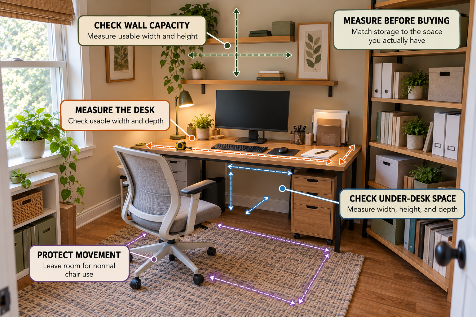 Measuring desk, wall, under-desk, and floor space before choosing storage for a small home office