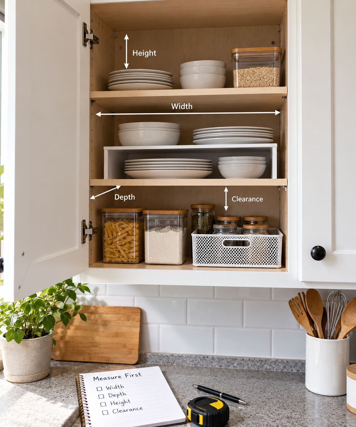 Kitchen cabinet measurements showing width, depth, height, and clearance