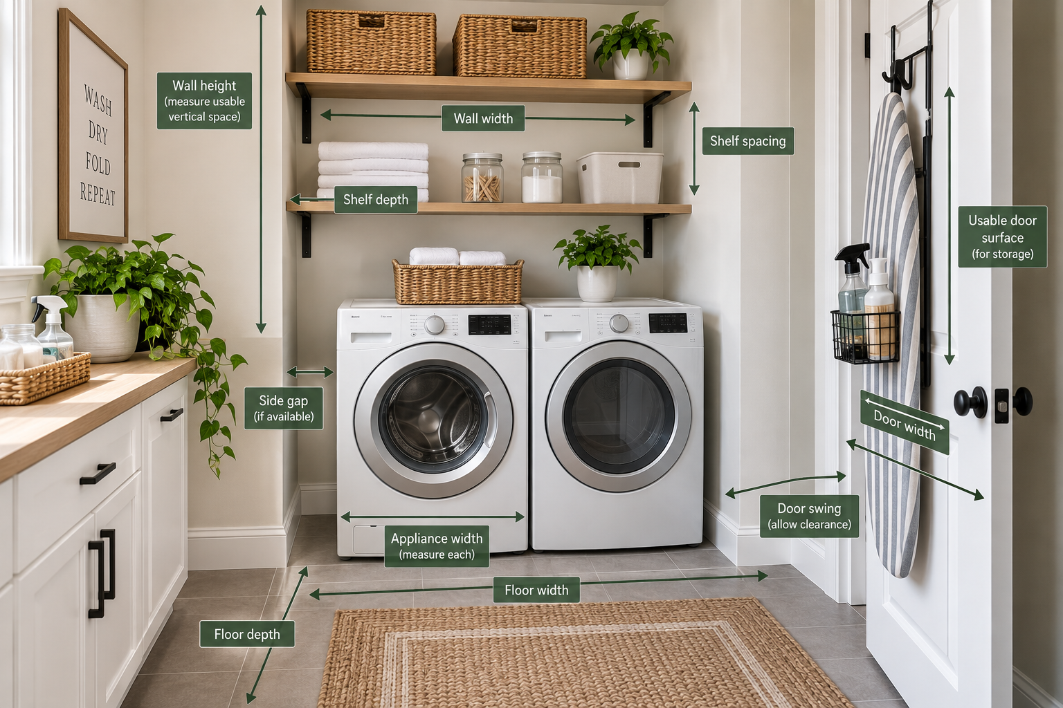 Measuring usable wall, shelf, appliance, floor, and door space in a small laundry room