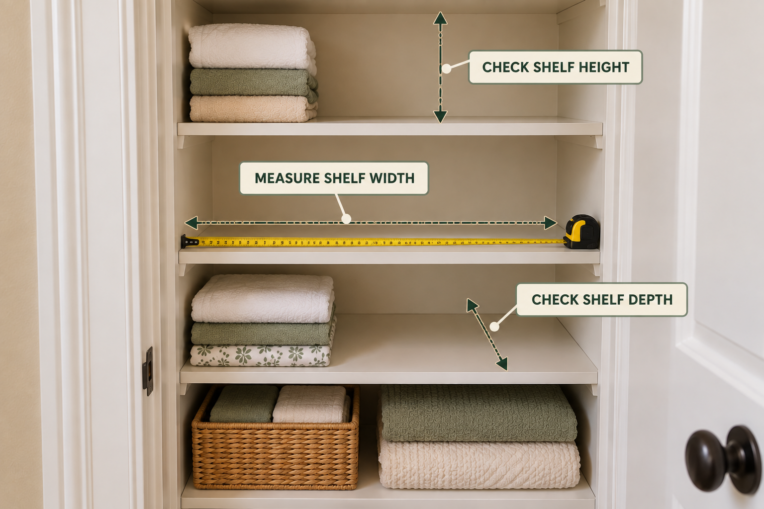 Measuring shelf width, depth, and height in a small linen closet before choosing organizers