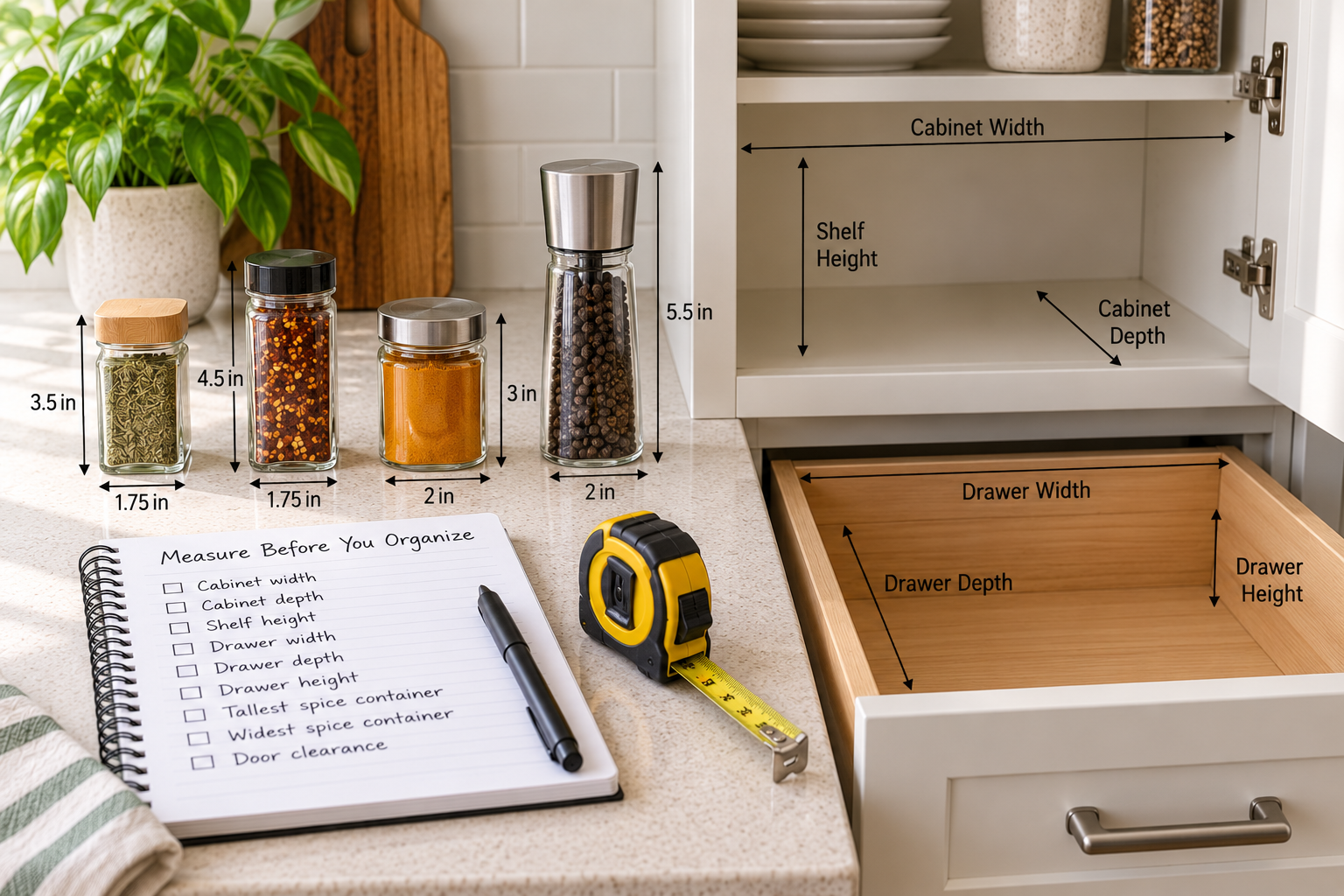 Measuring spice containers and usable kitchen cabinet and drawer space before organizing
