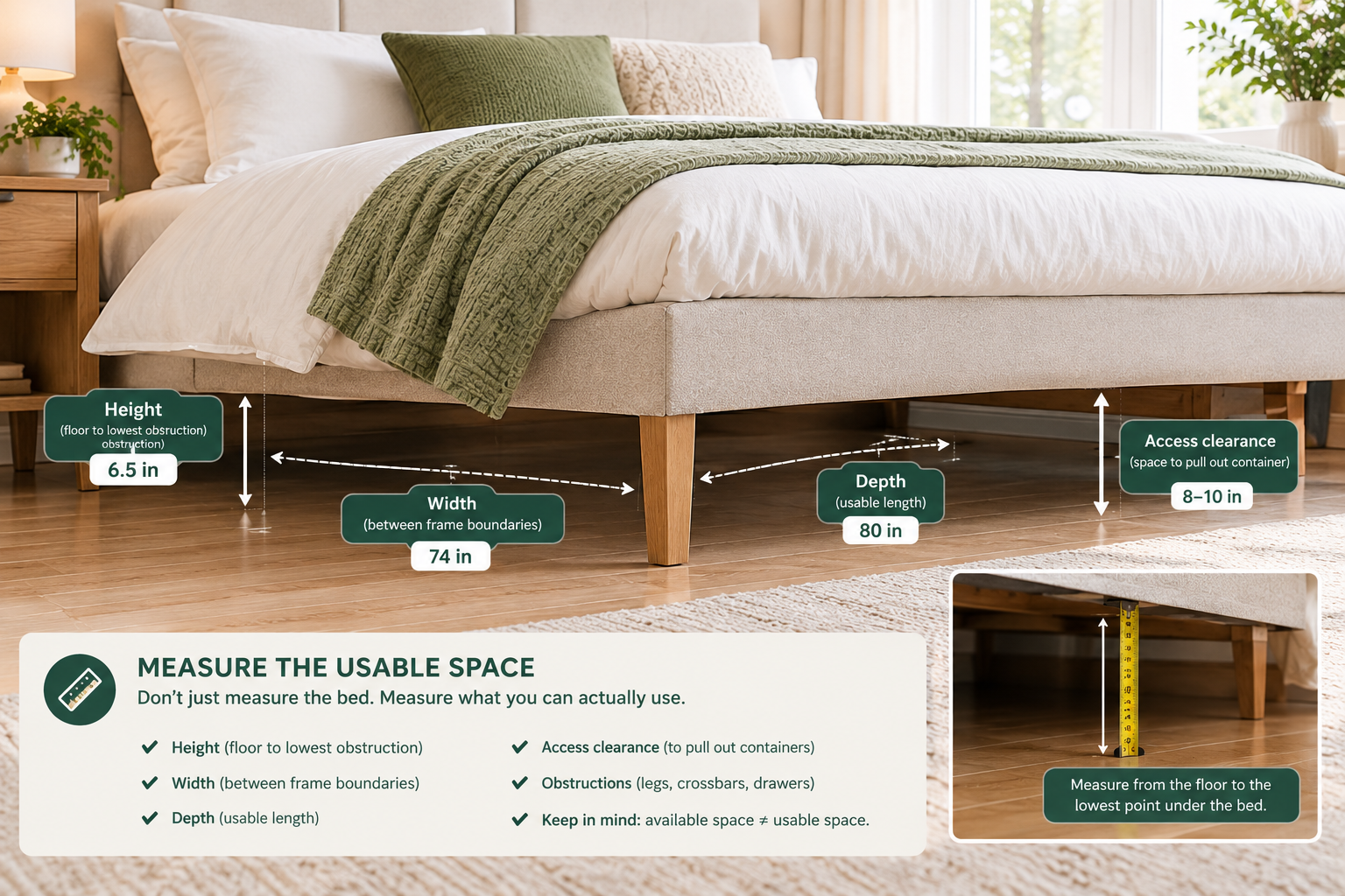 Under-bed storage measurement showing usable height width and depth for accessible storage