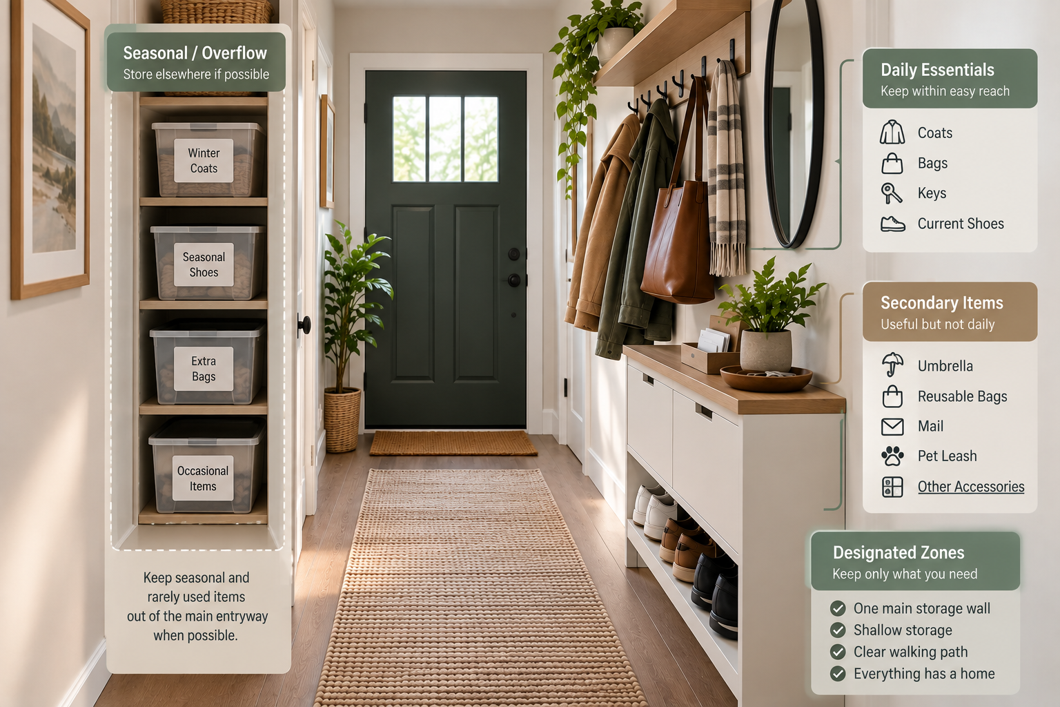 Narrow entryway organized into daily essentials, secondary items, and seasonal storage zones with a clear walking path