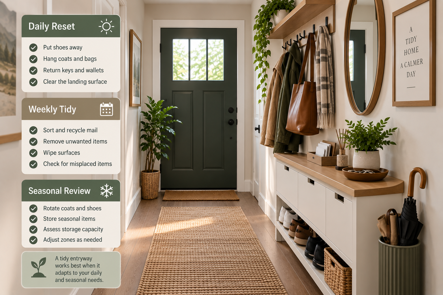 Narrow entryway maintenance system showing daily, weekly, and seasonal routines for shoes, coats, bags, mail, and storage