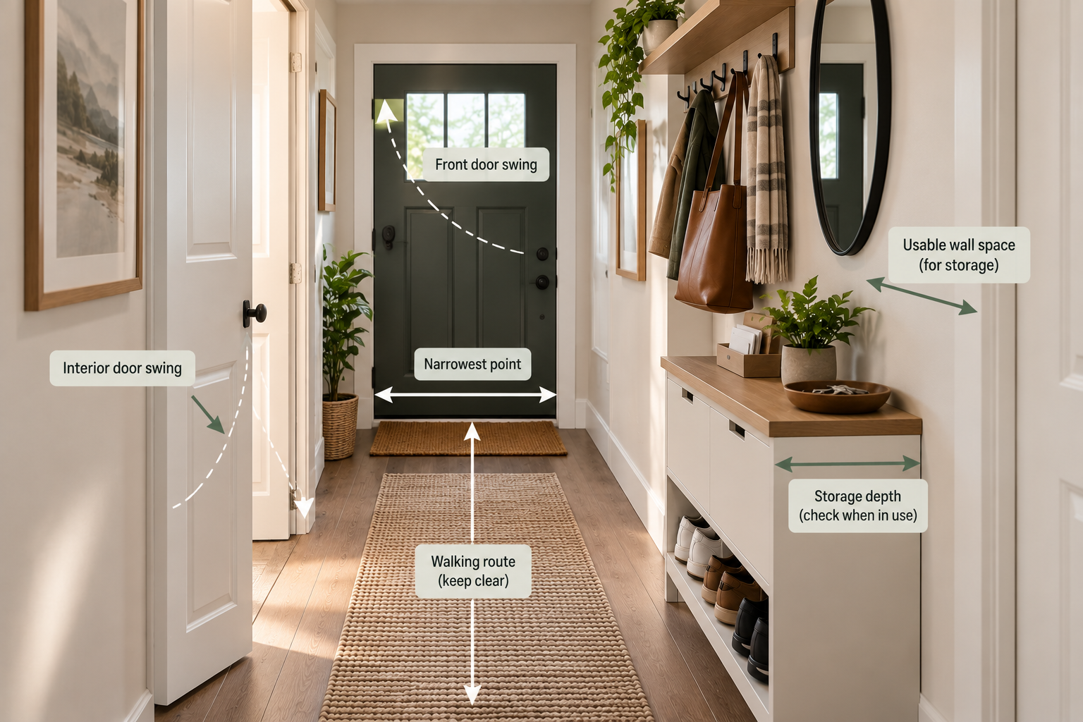 Narrow entryway showing the walking route, narrowest point, door swings, usable wall space, and storage depth to check