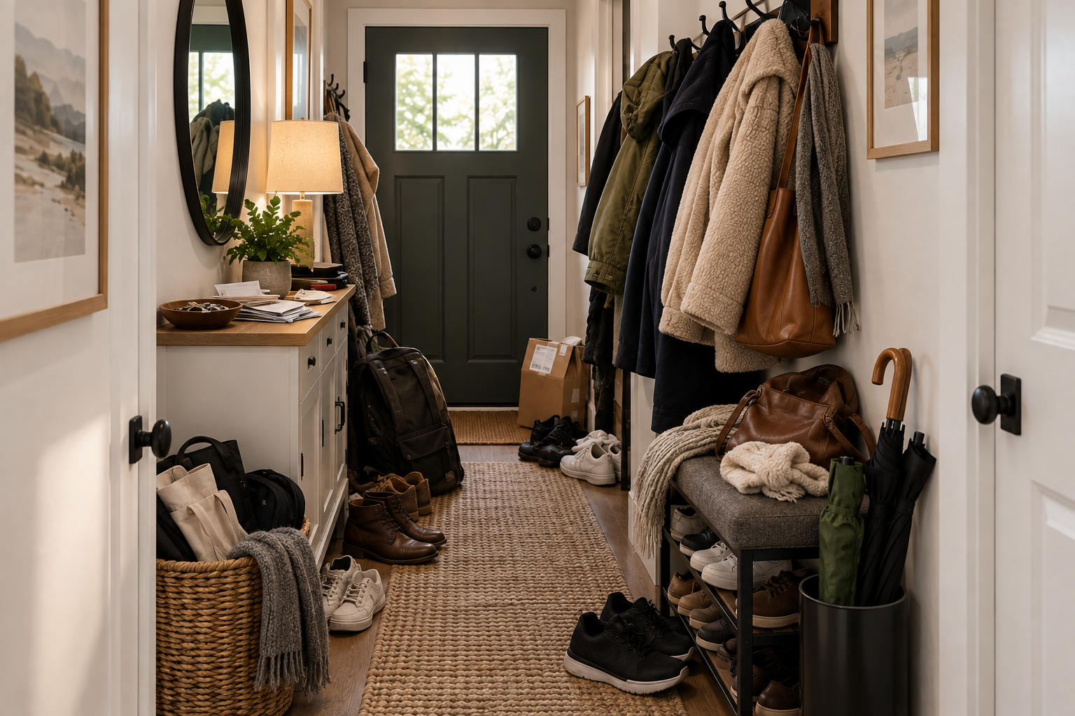 Cluttered narrow entryway with crowded coats, bags, shoes, packages, and furniture restricting the walking path
