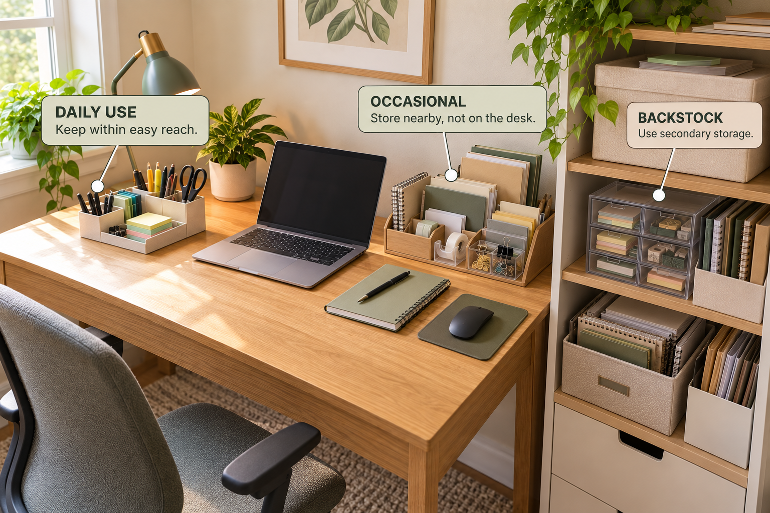 Office supplies separated into daily use, occasional use, and back-stock categories