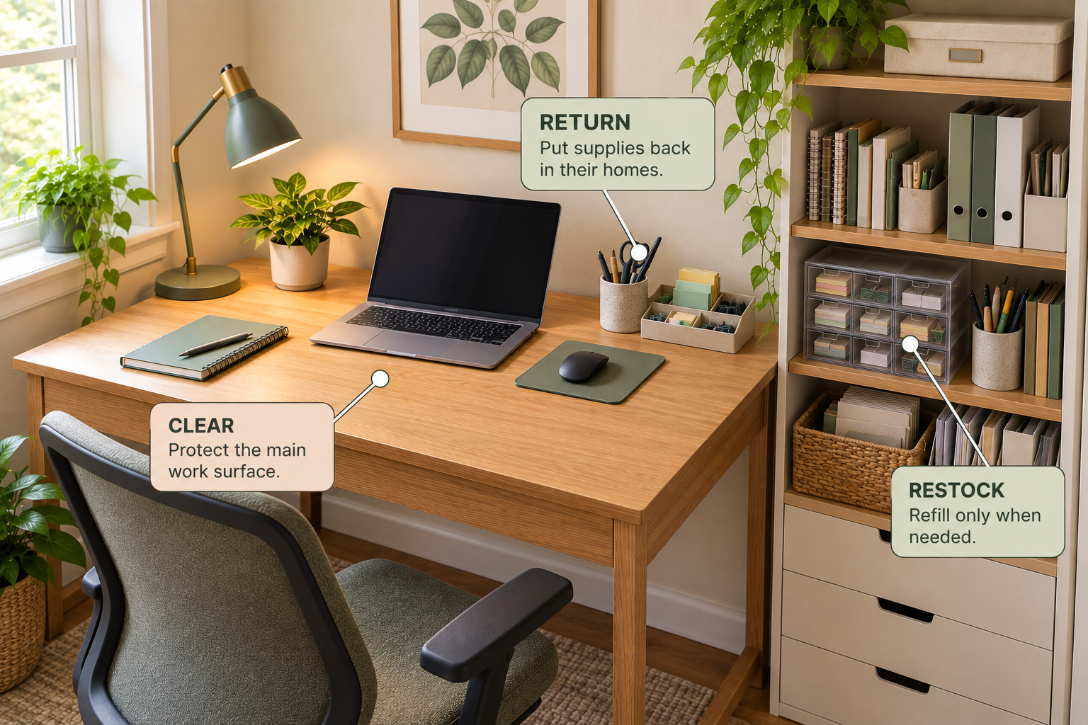 Simple reset system for keeping office supplies organized in a small space