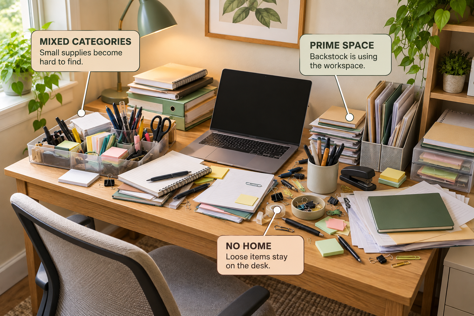 Common office supply clutter taking over a small workspace