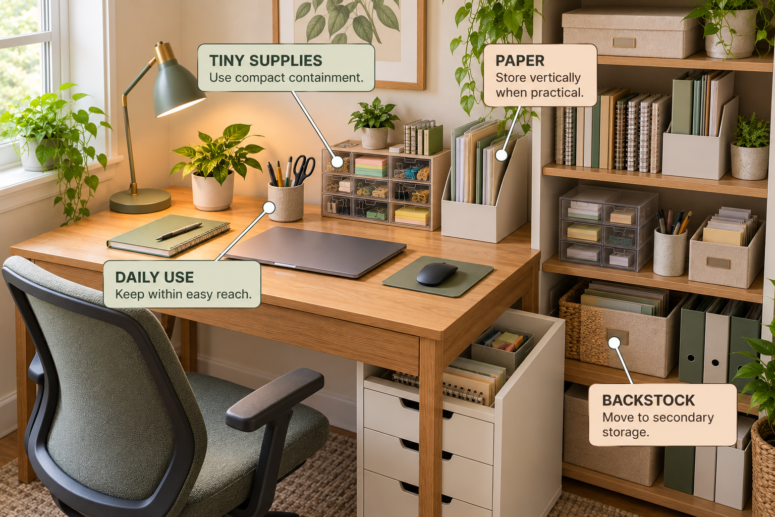 Small-space office supply storage using compact containers, vertical storage, and nearby shelves
