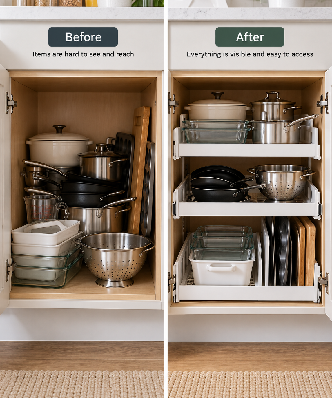 Deep kitchen cabinet before and after showing cluttered storage compared with easier-to-reach organized storage