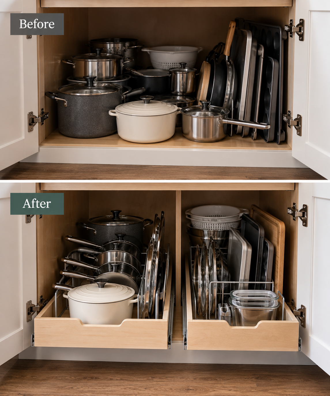 Deep kitchen cabinet organized for easier access to pots and pans