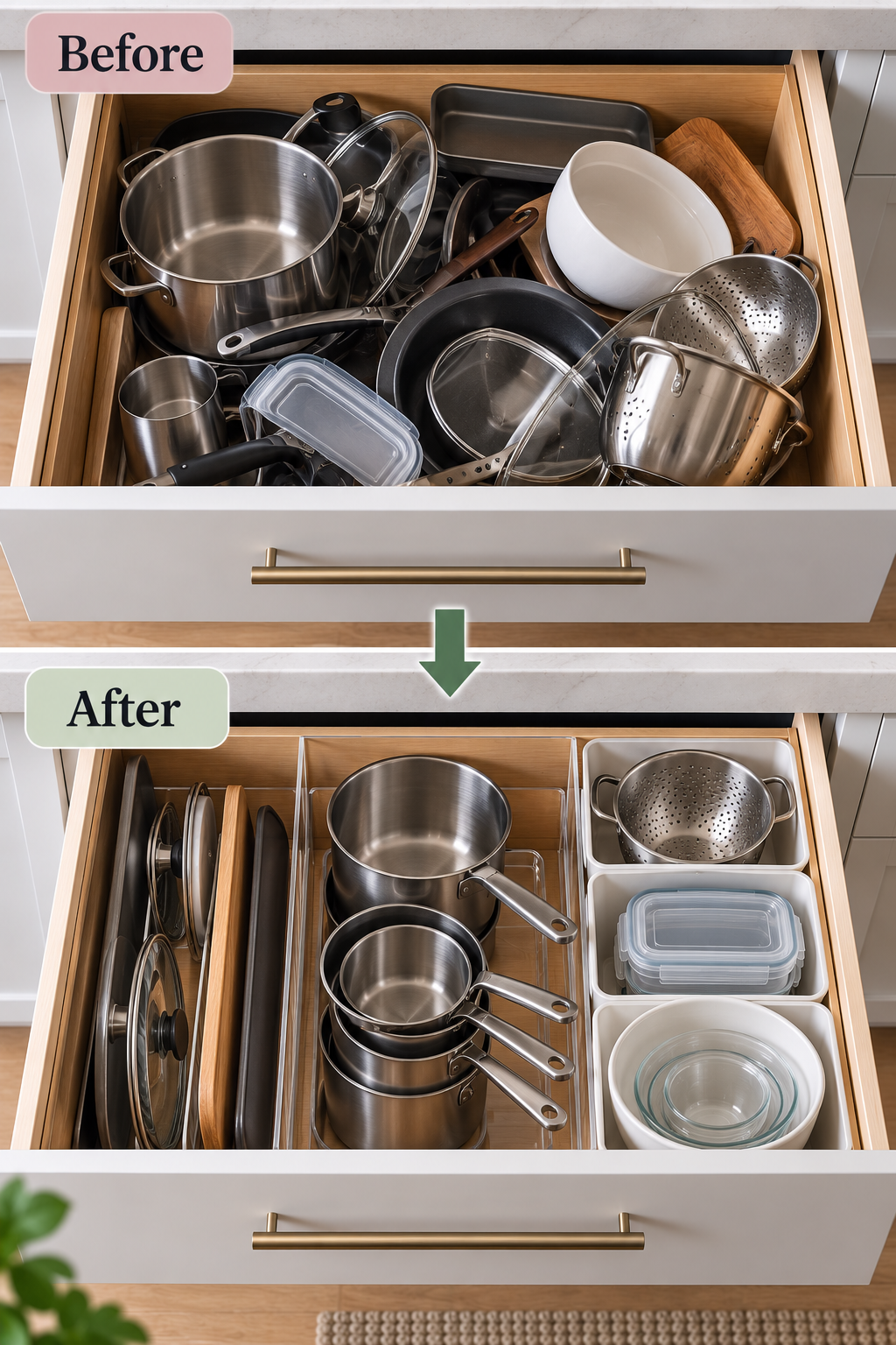 Deep kitchen drawer before and after showing cookware, lids, containers, and bowls organized into separate accessible zones