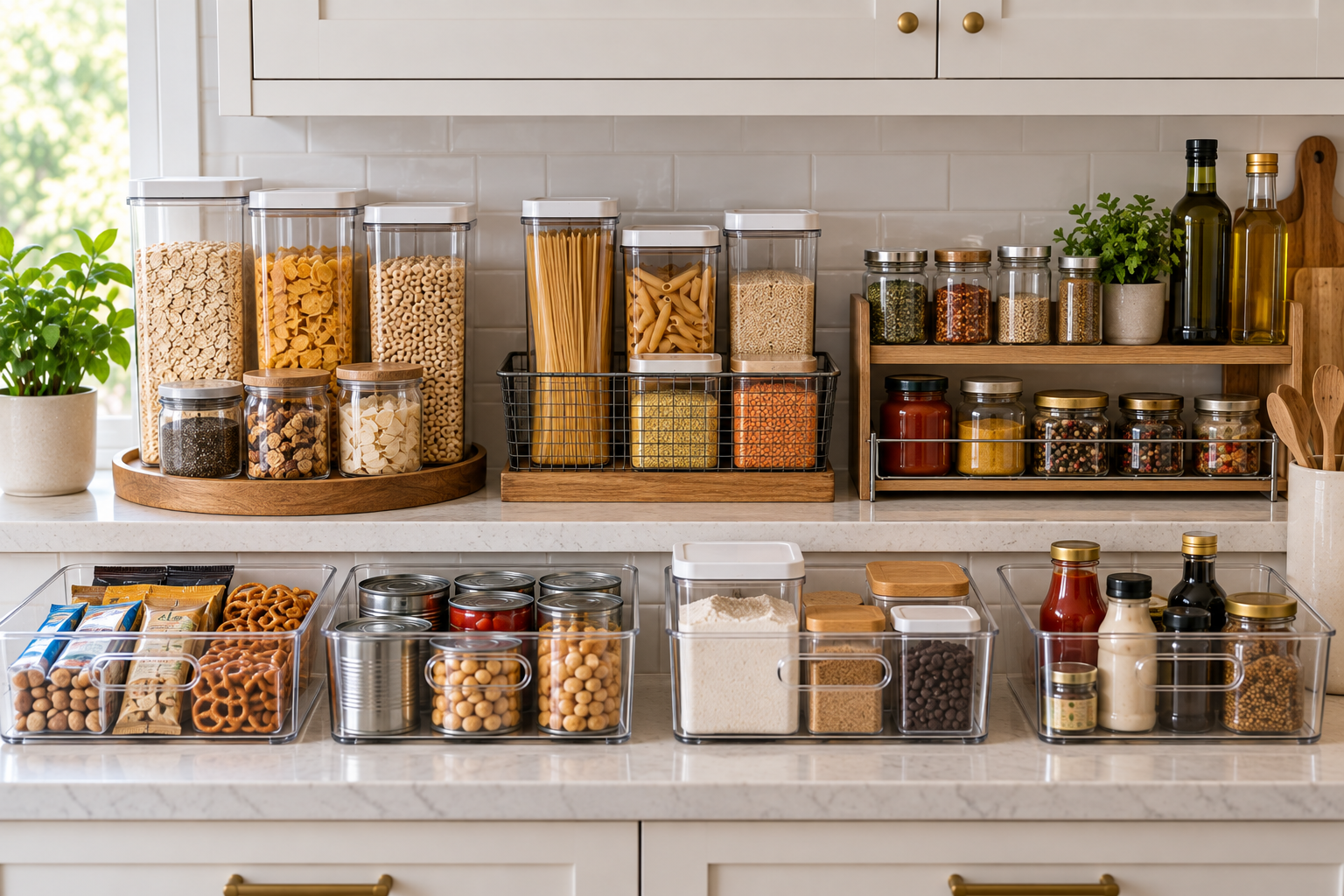 Kitchen food storage organized into practical categories such as grains, snacks, baking, canned goods, and backstock