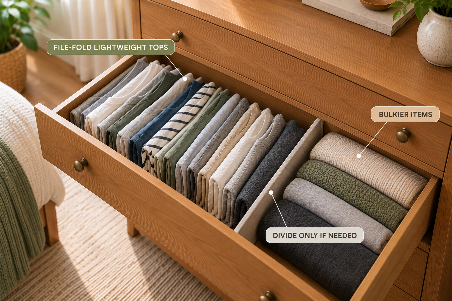 Organized bedroom drawer with upright folded clothing and a selective divider