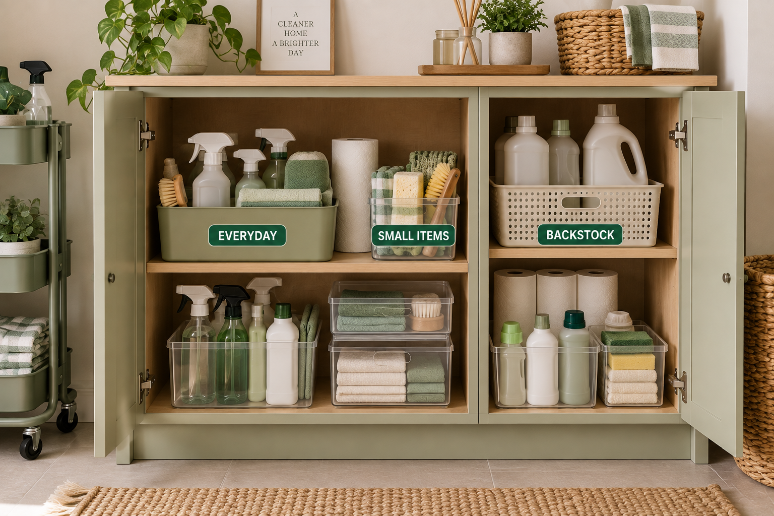 Organized cleaning supplies using a caddy, storage bins, and separate back-stock without a cleaning closet
