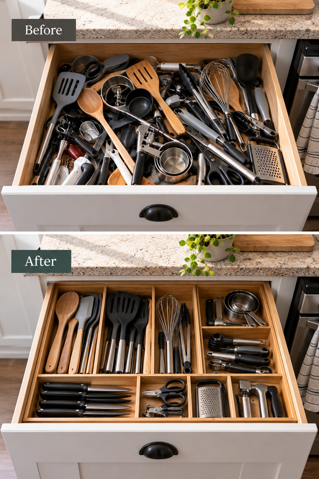 Kitchen drawer organized with utensils sorted into separate compartments