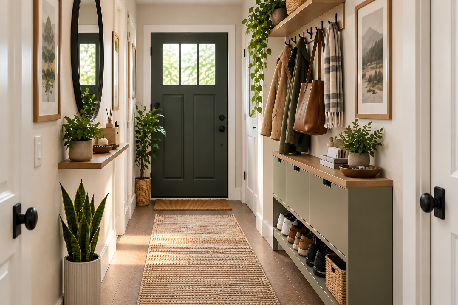 Organized narrow entryway with shallow storage, coats, bags, active shoes, and a clear unobstructed walking path