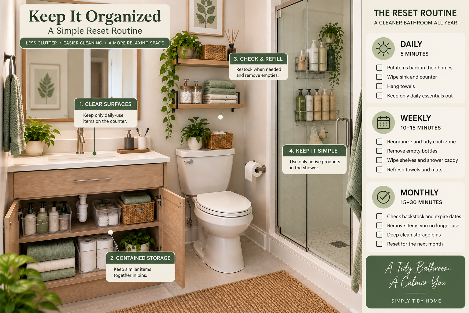 Organized small bathroom with clear surfaces, contained daily products, defined towel storage, and an easy-to-maintain layout.