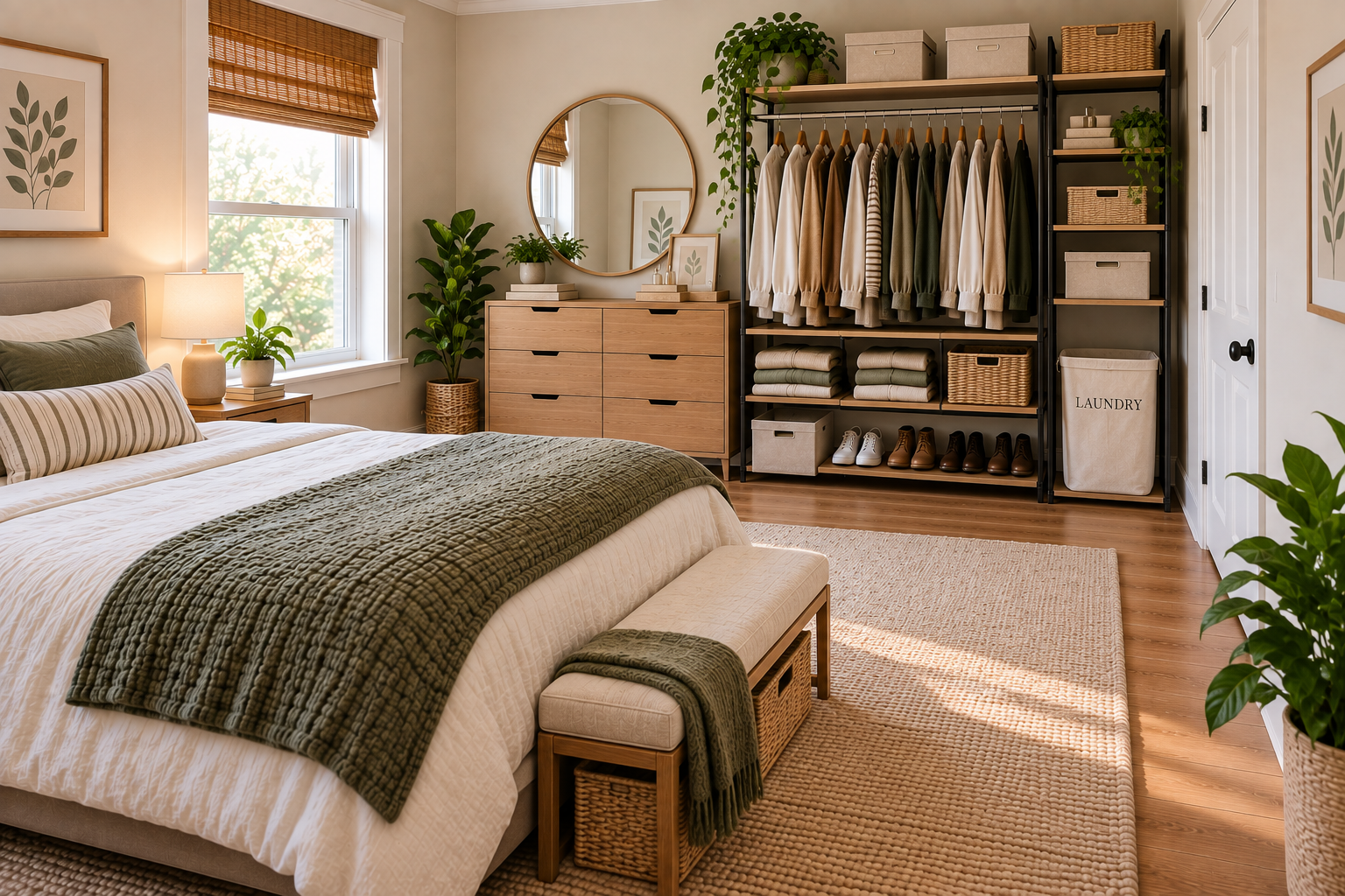 Organized small bedroom without a closet with every clothing category contained, a clear walking path, and a dedicated laundry home.