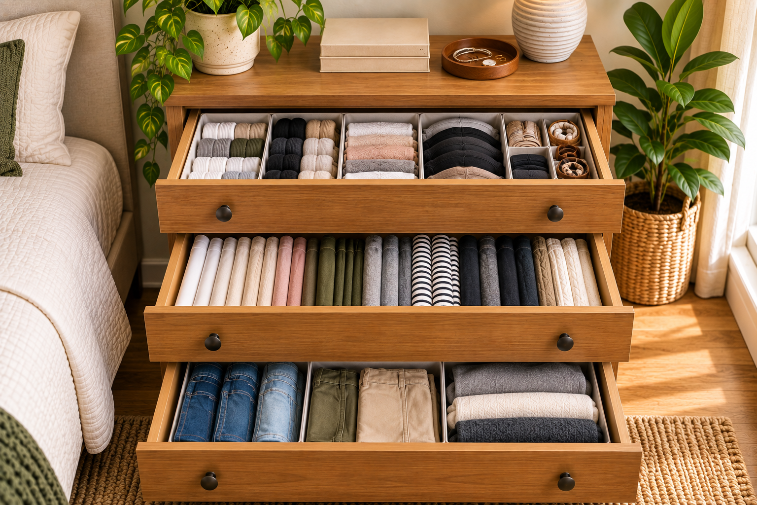 Small dresser drawers organized by clothing category with visible folded items