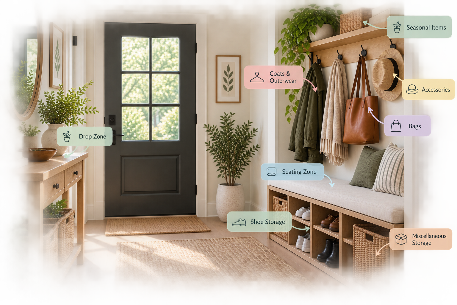 Organized small entryway with labeled zones for daily essentials, coats, bags, shoes, and seasonal storage