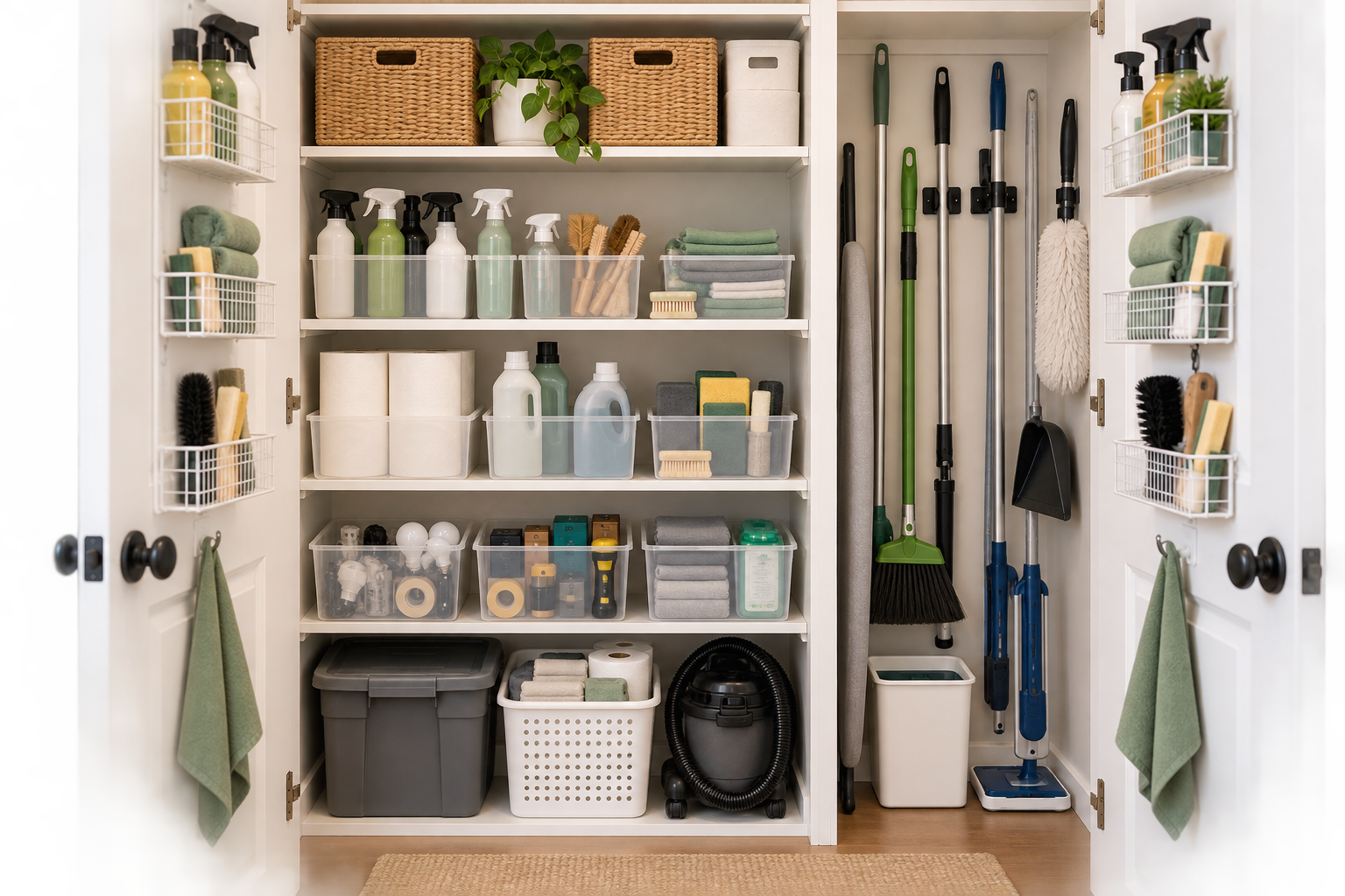Organized utility closet with accessible cleaning supplies, defined storage zones, vertical tool storage, and controlled backup space