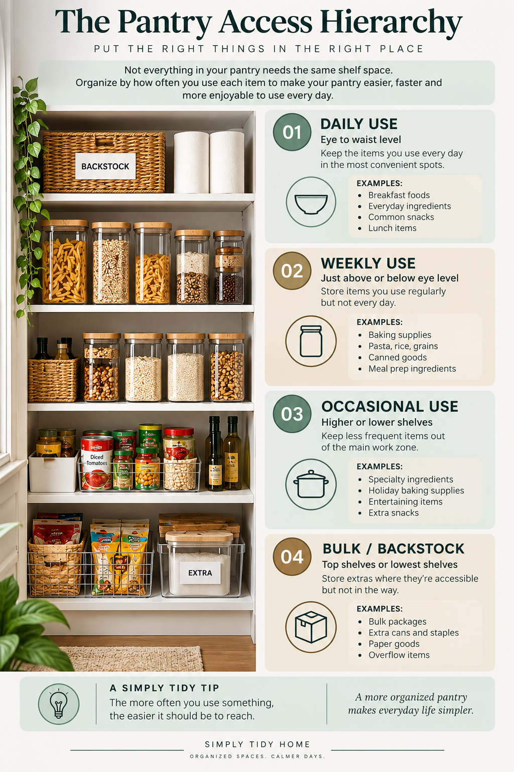 Pantry access hierarchy showing daily, weekly, occasional, and bulk backstock storage zones